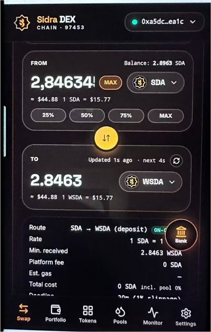 A screenshot of the Sidra DEX (Chain 97453) wallet interface shows a token swap from 2.84634 SDA ($44.88) to 2.8463 WSDA, with a 1:1 conversion rate and zero platform fee. The image illustrates a decentralized exchange swap, reinforcing the post's warning against connecting wallets to centralized exchanges in favor of safer DEX alternatives.