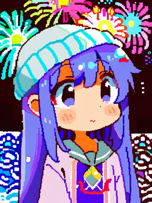 A pixel art illustration of a blue-haired anime girl with large expressive eyes, rosy cheeks, and a white and blue beanie, set against a black background with colorful fireworks bursting above her. The post title "gYume" (likely a play on "Yume," Japanese for "dream") complements the dreamy, festive atmosphere of the artwork, suggesting a whimsical celebration or New Year theme.