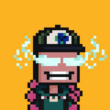 A pixel art illustration of a character wearing a black cap with an eye symbol, light blue glasses, and a wide smile, with steam rising from their head against an orange background. The image relates to the post as a creative visual associated with an NFT giveaway partnership offering 20 GTD spots and 30 whitelist spots for a 5,555 supply collection on ETH.