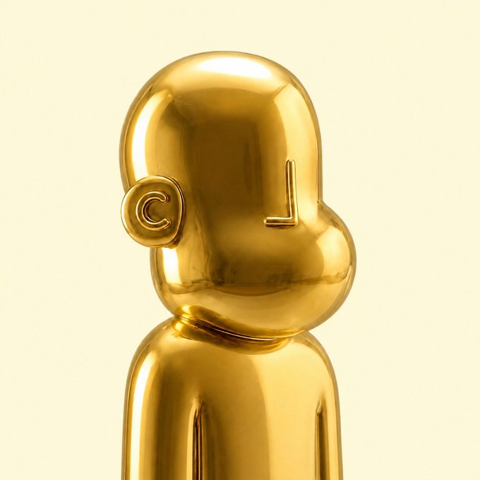 A glossy golden 3D rendered figure or mannequin head with the letters 'CL' embossed on its face against a cream background.