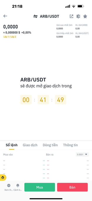 A mobile trading app showing the ARB/USDT pair with a countdown timer of 00:41:49 indicating it will be available for trading, displayed on Binance.