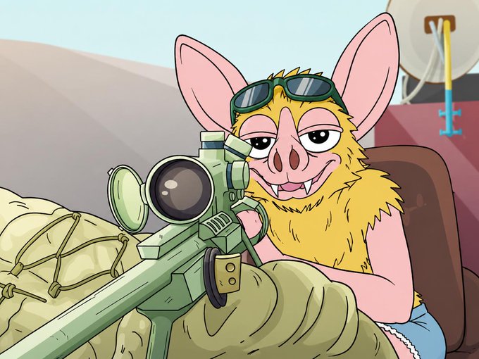 A cartoon illustration shows a bat character wearing sunglasses, holding a sniper rifle while sitting among sandbags.