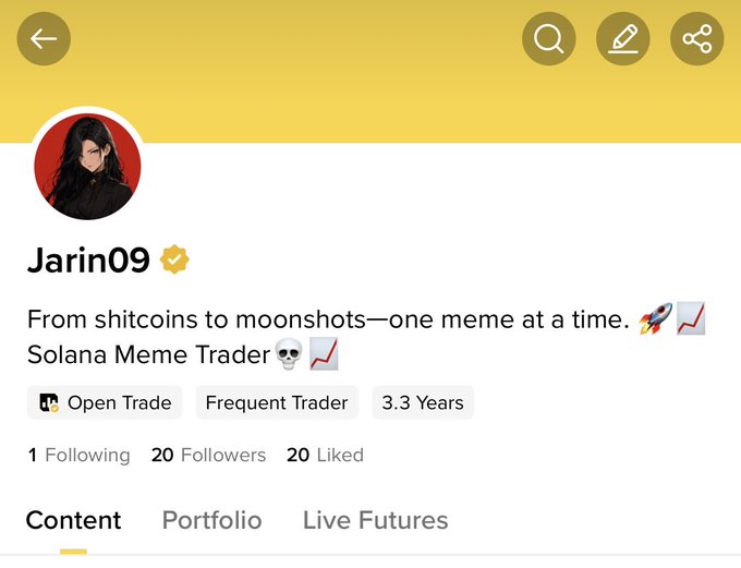 A profile page for “Jarin09” with a verified badge describes the user as “From shitcoins to moonshots—one meme at a time” and “Solana Meme Trader,” with tabs for “Content,” “Portfolio,” and “Live Futures.”