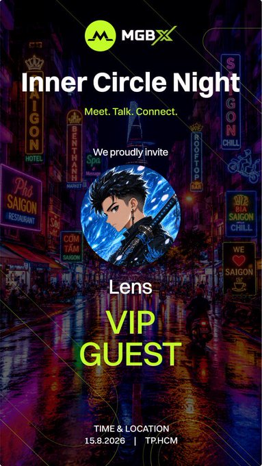 An event invitation poster for 'Inner Circle Night' by MGBX, featuring an anime character (Lens) as a VIP Guest, with neon Saigon street background, 'Meet. Talk. Connect.' tagline, and event details 'TIME & LOCATION 15.8.2026 | TP.HCM'.