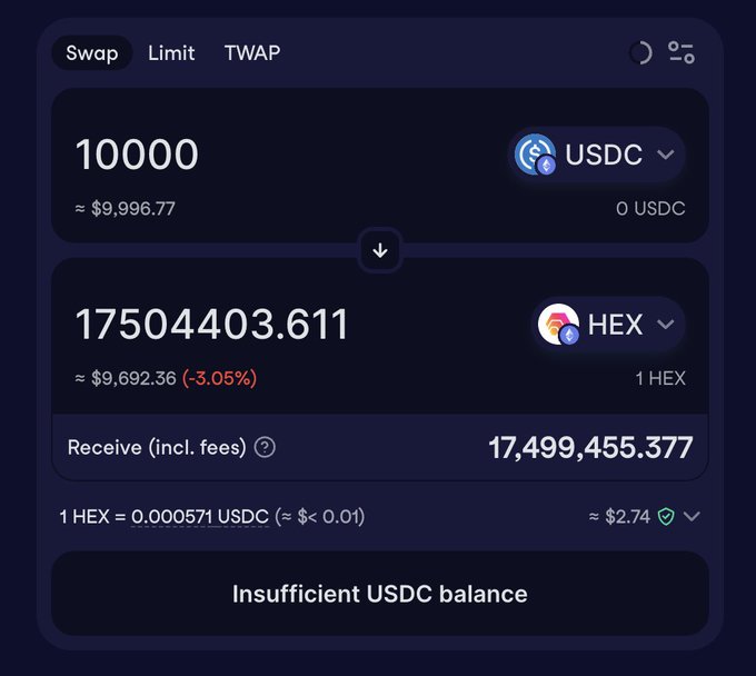 The image shows a screenshot displaying two currency exchange options for Ethereum and popular EVM chains like Hex. The bottom part of the screen is primarily white with text, while the top right corner features a dark blue gradient effect. In the description provided at the bottom left side, it says "Pro Crypto Tip: when swapping on Ethereum and popular EVM chains, cowswap is what you need to be using". Furthermore, there's some information about two currency exchanges: one of them has a minimum amount for conversion, which can save users thousands of dollars in exchange attacks.
