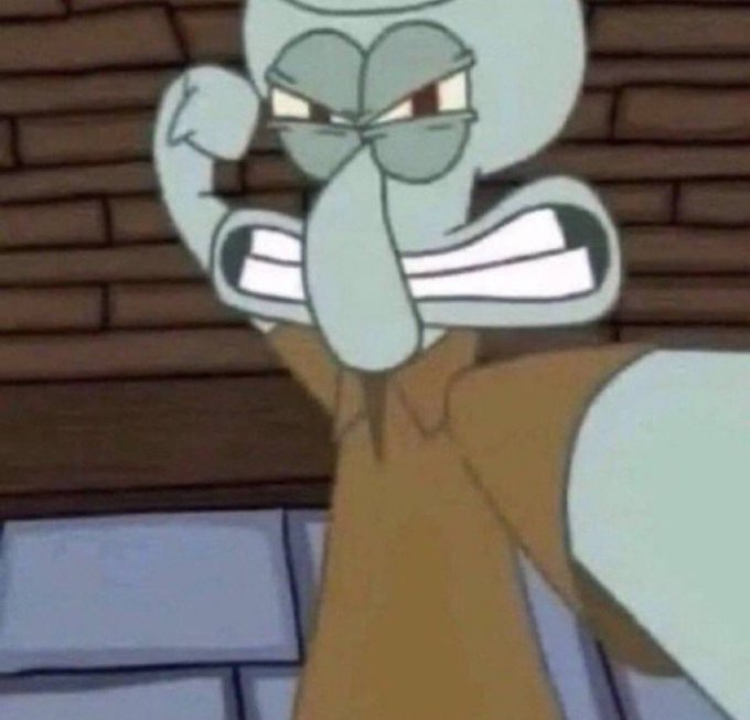 An animated scene featuring Squidward Tentacles from SpongeBob SquarePants clenching his fist with an angry expression on his face.