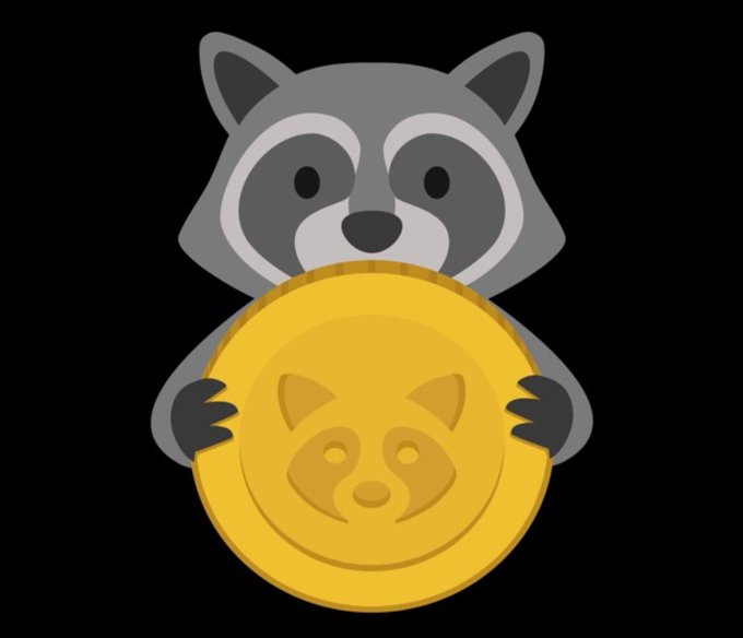 A cartoon illustration of a raccoon holding a large gold coin with a panda design stamped on it.