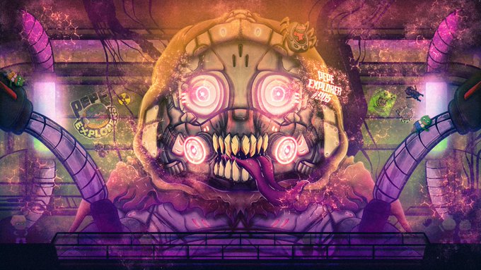 A neon-colored illustration of a menacing mechanical skull boss with glowing pink eyes and a long tongue, labeled 'USE EXPLODER' and 'REP EXPLOS'.