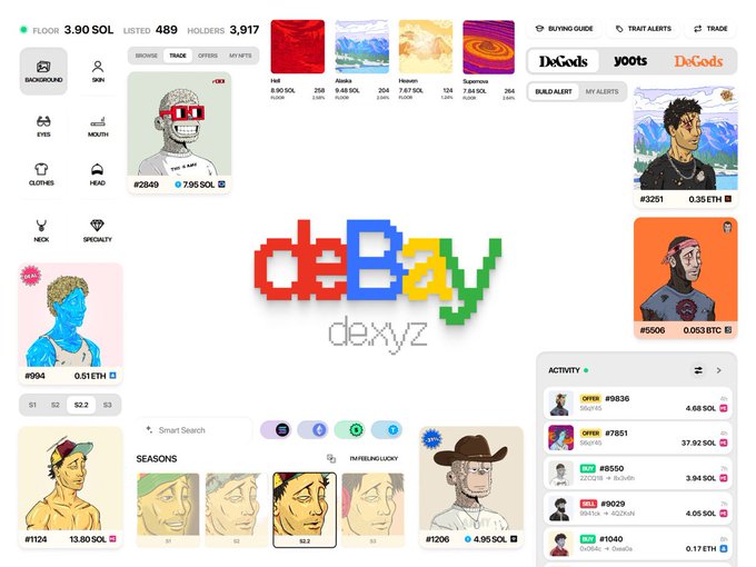 A screenshot of the deBay NFT marketplace (by dexyz) on Solana, showing various NFT listings with prices, categories like 'Head' and 'Clothes', and floor price of 3.90 SOL.