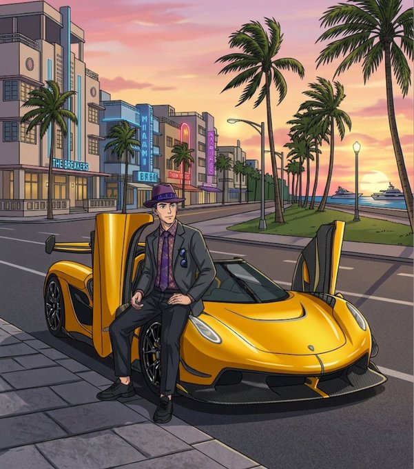 A stylishly dressed man in a suit and fedora poses confidently next to a yellow Koenigsegg hypercar with butterfly doors open, set against a vibrant Miami beachside scene at sunset featuring palm trees, cruise ships, and neon signs reading "MIAMI" and "B.E.A.C.H." The luxurious, aspirational imagery of wealth and the Miami setting complements the motivational post about making the upcoming week count for a community ("GM friends") seeking financial success.