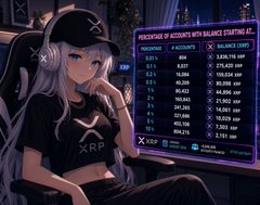 An anime-style character wearing an XRP cap and jersey sits in a gaming chair while a screen displays a "Percentage of Accounts with Balance" chart for XRP, listing holding tiers from 1 to 100,000 XRP with corresponding percentages, with 2,151 XRP highlighted as the threshold to enter the top 10% of holders.