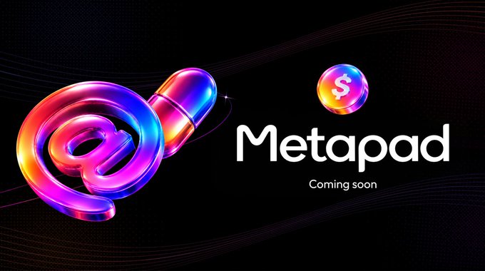 A promotional banner for 'Metapad' with the text 'Coming soon', featuring a glossy 3D '@' symbol on a dark background.