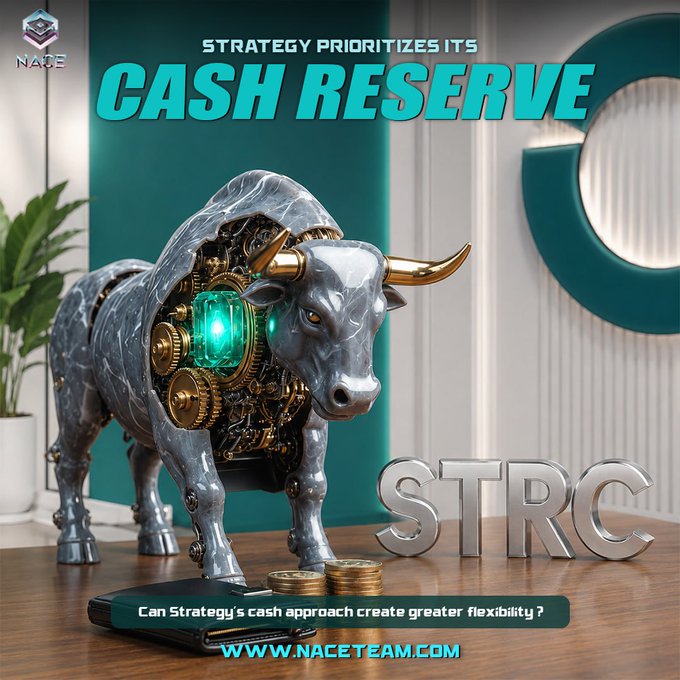 A robotic bull statue with exposed gears and a glowing green core stands on a desk beside gold coins and "STRC" letters, illustrating the caption "Strategy Prioritizes Its Cash Reserve" and the question "Can Strategy's cash approach create greater flexibility?" from naceteam.com.