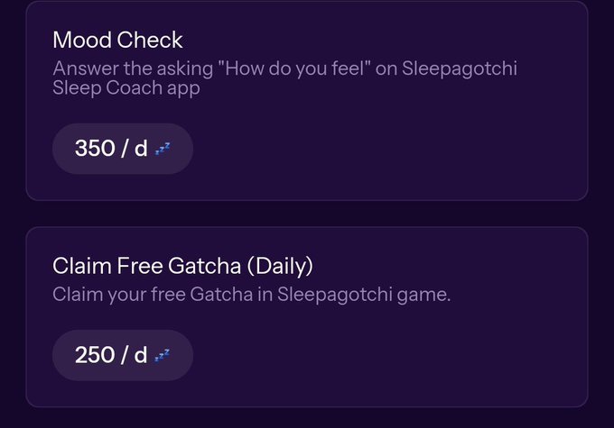 A screenshot showing two daily tasks from the Sleepagotchi Sleep Coach app: "Mood Check" rewarding 350/d points and "Claim Free Gatcha (Daily)" rewarding 250/d points, totaling 600 points as referenced in the post about small daily habits.