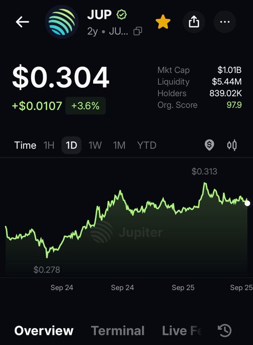 A cryptocurrency price tracking app screenshot showing the JUP token at $0.304 (+3.6%), with a market cap of $1.01B, 839.02K holders, and a 1D price chart ranging from $0.278 to $0.313.