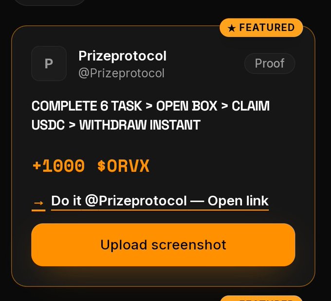 The image displays a featured task from "Prizeprotocol" (@Prizeprotocol) offering 1000 $ORVX tokens for completing 6 tasks to open a box and claim USDC with instant withdrawal. The accompanying post warns users that @orvexhub is exploiting participants for promotion without delivering on promised on-chain claims, criticizing the lack of communication about the task requirements.