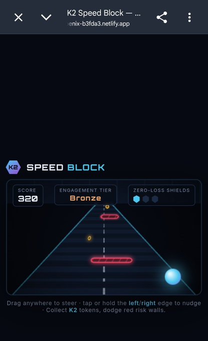 A mobile screenshot of a 'K2 SPEED BLOCK' mini-game showing a score of 320, Bronze engagement tier, and a triangle-based gameplay area with a blue ball and red risk walls.