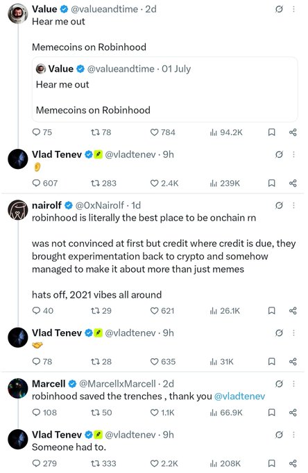 The image shows a Twitter/X thread where Value (@valueandtime) posts "Hear me out: Memecoins on Robinhood" and receives a brutal ratio with 78 replies against 784 likes (94.2K views). Vlad Tenev (@vladtenev), co-founder of Robinhood, responds with a single 🫡 emoji, getting ratioed with 283 replies vs 2.4K likes (239K views). Other users like @0xNairolf and @MarcellxMarcell praise Robinhood, with Marcell specifically thanking Vlad Tenev, exemplifying the "smolchained" brutal ratios referenced in the caption.
