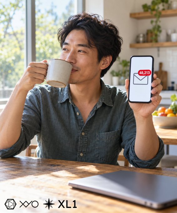 A man sits at a kitchen table drinking from a mug while holding up a smartphone displaying an email notification with the number "48,213."
