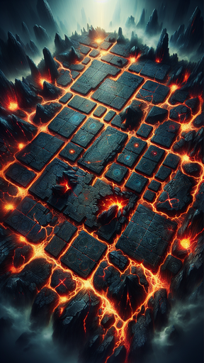 The image shows a computer-generated graphics of a fiery, lava-like surface with numerous square blocks emitting heat that appear to be melting due to the intense sunlight in the background. The blocks are arranged in a grid-like pattern resembling a crossword puzzle or checkerboard layout.