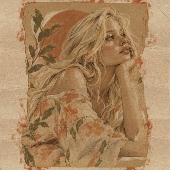 Vintage-style portrait artwork of a blonde woman in a floral off-the-shoulder dress, resting her head on her hand against a warm, aged-paper background.
