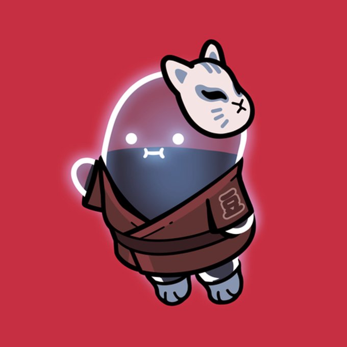 A cartoon character wearing a brown outfit and a white cat mask against a red background.