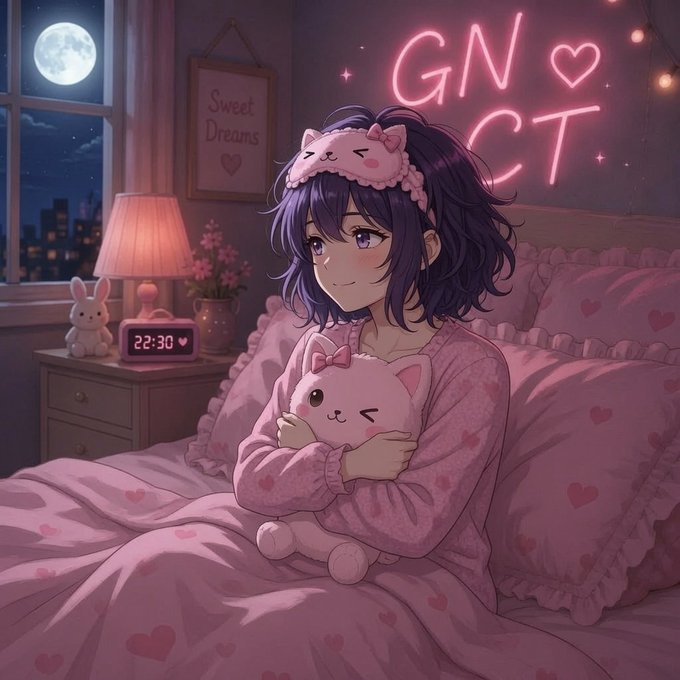 An anime-style illustration of a purple-haired girl wearing cat-ear pajamas holding a pink stuffed bunny in a cozy bedroom with a 'GN ❤️ CT' neon sign, 'Sweet Dreams' wall art, and a digital clock showing 22:30.