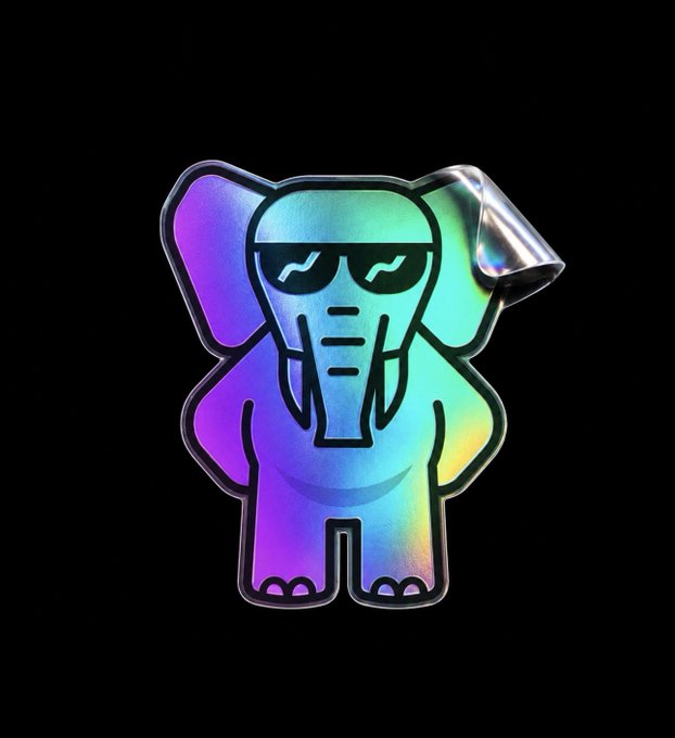 A holographic, iridescent sticker featuring a stylized cartoon elephant wearing sunglasses against a black background, with one corner of the sticker peeling back.