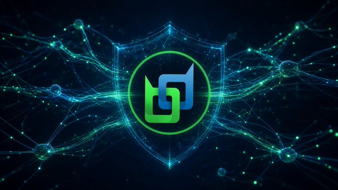 A digital graphic featuring a green and blue shield logo centered over a dark blue background with glowing network-like lines and nodes.