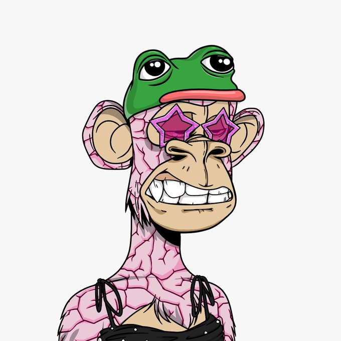 An illustration of a Bored Ape-style NFT character featuring a pink cracked-skin body, a frog hat, and star-shaped sunglasses.