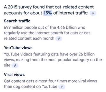 An infographic noting that cat-related content accounts for about 15% of internet traffic, with stats on search traffic, YouTube views, and viral views.