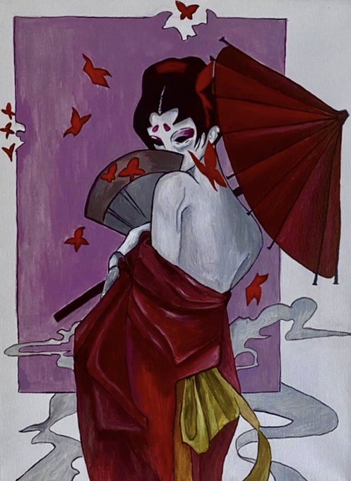 A geisha in red and white kimono holds a red parasol amid swirling smoke against a purple backdrop scattered with butterfly motifs, evoking the enigmatic and exotic allure of the East that the artwork's caption describes.