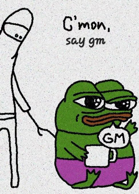 A cartoon illustration of the 'Sad Pepe' frog meme in a green hat holding a mug, with a stick figure saying 'C'mon, say gm' and the frog responding 'GM' in a speech bubble.