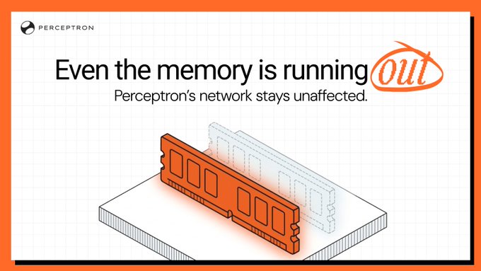 Perceptron promotional graphic with text 'Even the memory is running out, Perceptron's network stays unaffected,' featuring an illustration of orange RAM memory modules on a grid background.