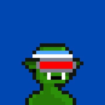 A simple pixel art image shows a green character wearing a blue, white, and red visor or helmet against a solid blue background.