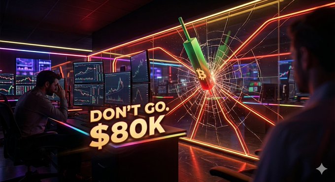An AI-generated image of a trading room featuring a Bitcoin logo crashing through a digital screen with the text 'DON'T GO. $80K' while two people watch in dismay.