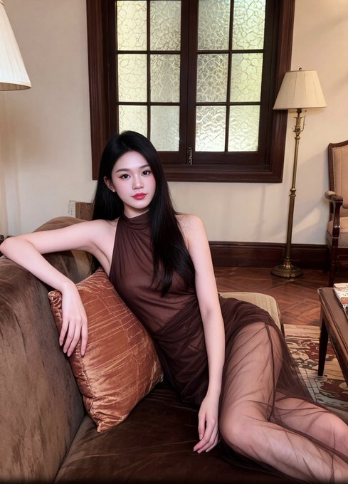 A young woman with long black hair in a brown halter dress seated on a brown sofa in a warmly lit room with a window and floor lamp.
