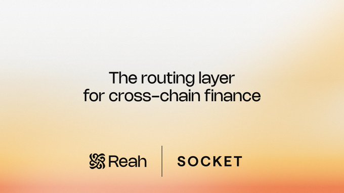 The image features a white background with black text that reads "The routing layer for cross-chain finance" followed by "Reah" and "Socket", which are companies involved in cross-chain finance technology. The text also mentions an exchange called "@ReahPlatform Reah's Intelligent Exchange @Socket". This suggests that the image is related to a post about these companies, possibly discussing their services or products for financial institutions.