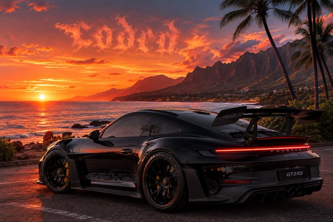 A sleek black Porsche 911 GT3 RS sports car parked on a coastal road at sunset, with dramatic orange skies, palm trees, and mountains in the background.