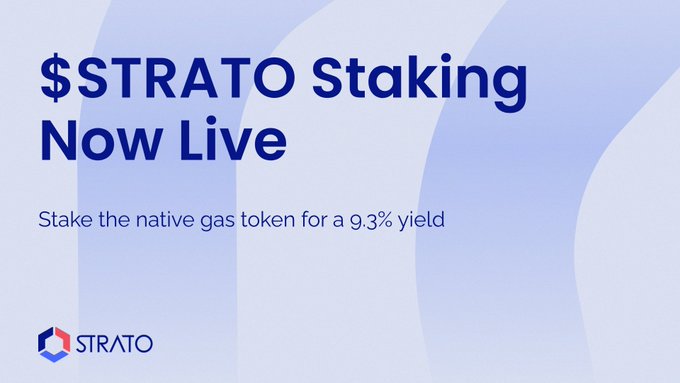 A blue-themed announcement graphic reading '$TRATO Staking Now Live' with the tagline 'Stake the native gas token for a 9.3% yield' and the STRATO logo at the bottom.