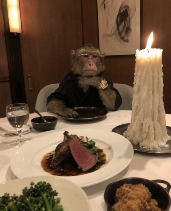 A monkey wearing glasses and a gold watch sits at a fancy restaurant table with a plate of medium-rare steak, a large lit candle, and other dishes.
