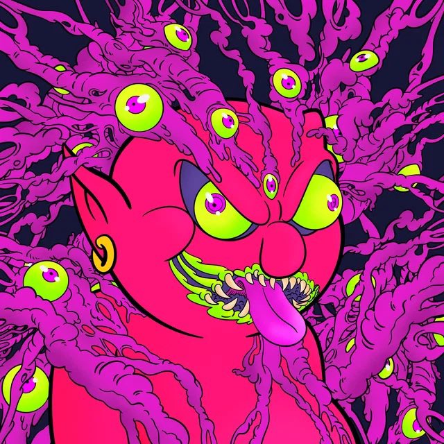 A psychedelic cartoon illustration of a red/pink demon face with multiple green eyes emerging from swirling purple tentacles.