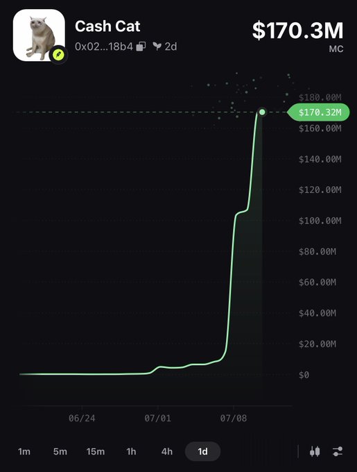 A price chart showing "Cash Cat" token's market cap rocketing to $170.3M (currently $170.32M) within roughly two days of launch, illustrating the kind of rapid pump the post is encouraging others to chase by "sending all cat coins."