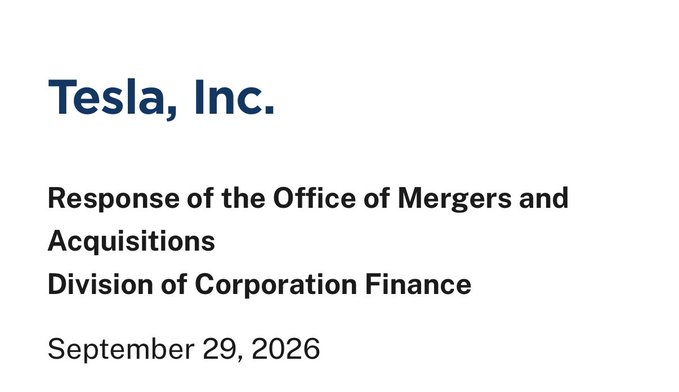 The image shows an SEC filing header for Tesla, Inc. dated September 29, 2026, regarding a "Response of the Office of Mergers and Acquisitions" from the Division of Corporation Finance. The context suggests this filing is being interpreted as a significant regulatory signal hinting at a potential merger between Tesla ($TSLA) and SpaceX-related entity SPCX, which would be a major event for both companies if confirmed.