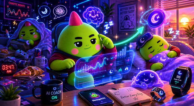 The image features three green cartoon characters sitting at a table with various objects around them, including a cell phone, a cup of coffee, and a book titled "my sleep schedule is cooked beyond repair so I'M letting an AI fix it @sleepagotchi just dropped a personalized AI coach instead of raw data, it actually helps u improve it. farming $SLEEP on @NucleusCodes while trying to touch grass lol". The characters are sitting in front of the cell phone and appear to be engaged with its content or using it for some purpose.