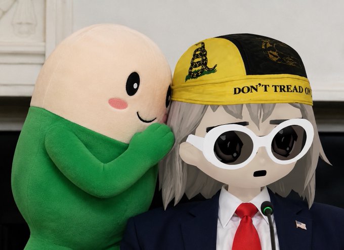 An anime-style character wearing a 'DON'T TREAD ON' Gadsden flag hat and white sunglasses is being hugged by a green plush figure with a smiling face.