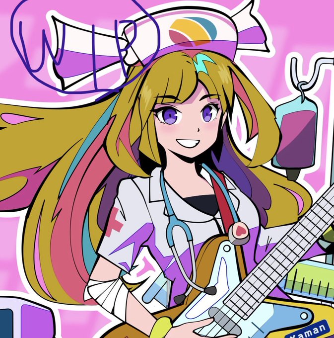 An anime-style nurse with colorful hair and a stethoscope plays a guitar, with "XRP" and "xaman" visible in the background, tying into the post's promotion of an XRP-themed NFT collection.

The caption connects to the post by combining the medical/guitar aesthetics with the visible XRP branding, reflecting the post's promotion of the xcandygirls NFT collection on the XRP cafe platform.