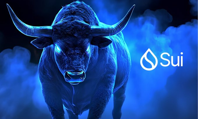 A powerful bull glowing with blue light stands amid smoky haze alongside the "Sui" logo and water droplet symbol, visually embodying the poster's declaration as a bullish supporter of $SUI. The luminous bull imagery directly reinforces their confident, long-term enthusiasm for the Sui cryptocurrency.