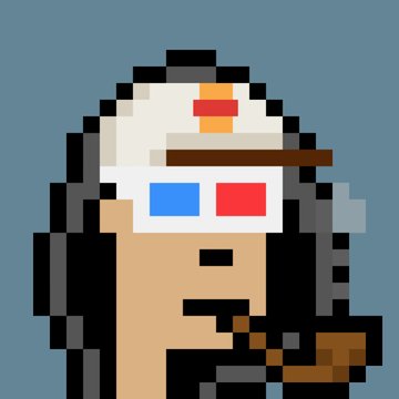 A pixel art illustration of a character with long dark hair, a white cap, and 3D glasses featuring blue and red lenses.