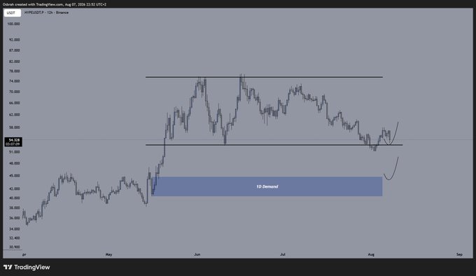 A TradingView chart of HYPEUSDT.P on Binance displays a price range between approximately $54.328 and $70.000, highlighting a "1D Demand" zone between May and August 2024, which supports the post's bullish sentiment that holding this asset could lead to significant upward movement.